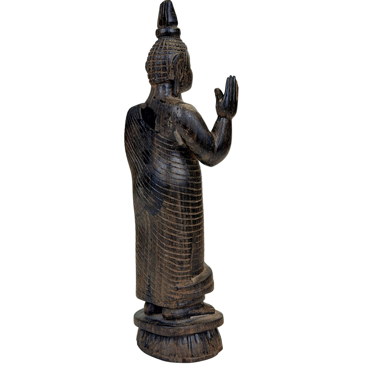 Stehender Holz-Buddha mit tief eingeschnittenen linearen Gewandfalten, Sri Lanka