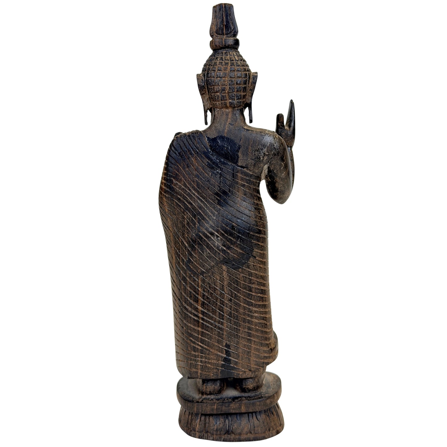 Theravada-Holzskulptur aus Ceylon mit markant gerilltem Mönchsgewand