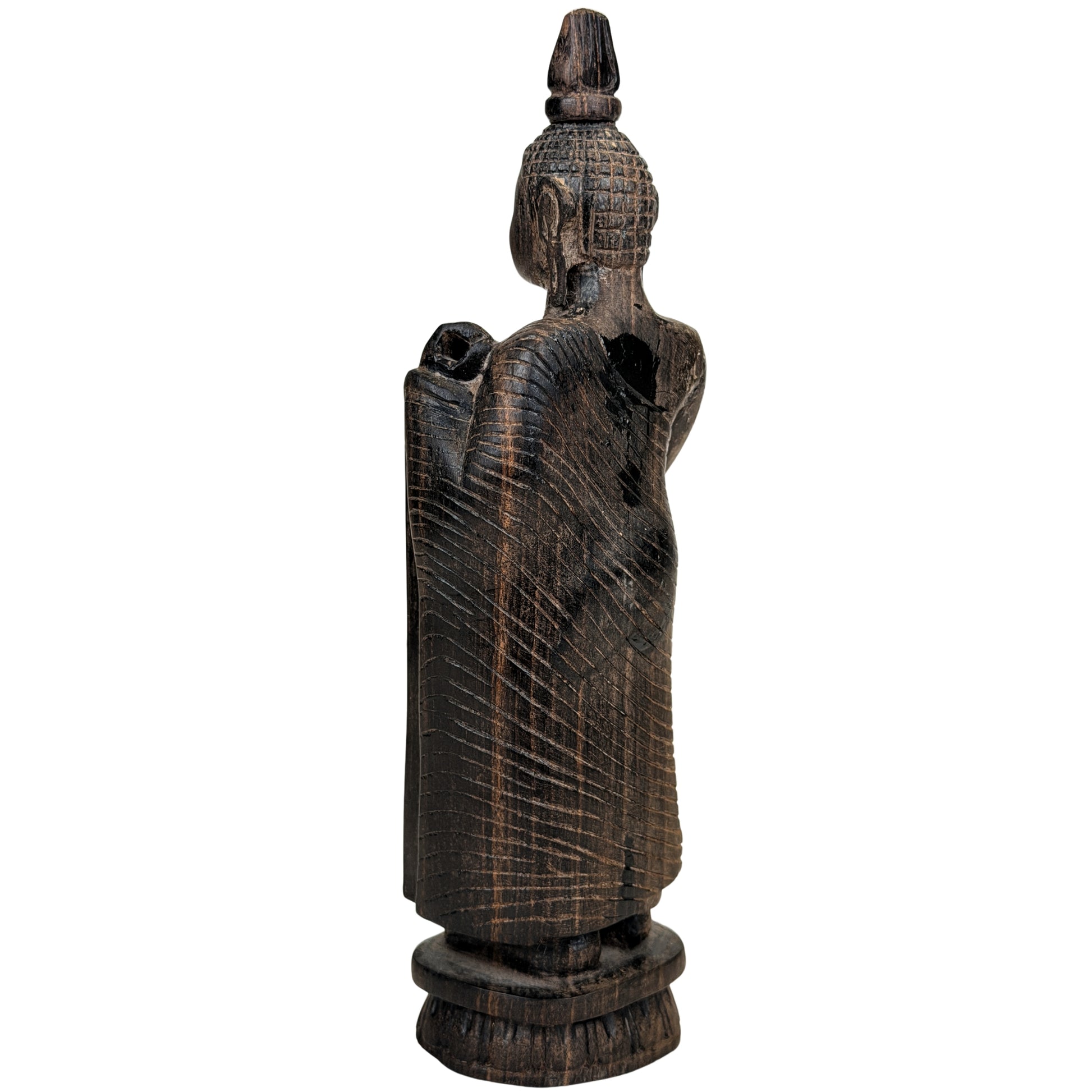Dunkel gefasster Buddha aus Hartholz mit warmbraunem Abrieb an den Hochstellen