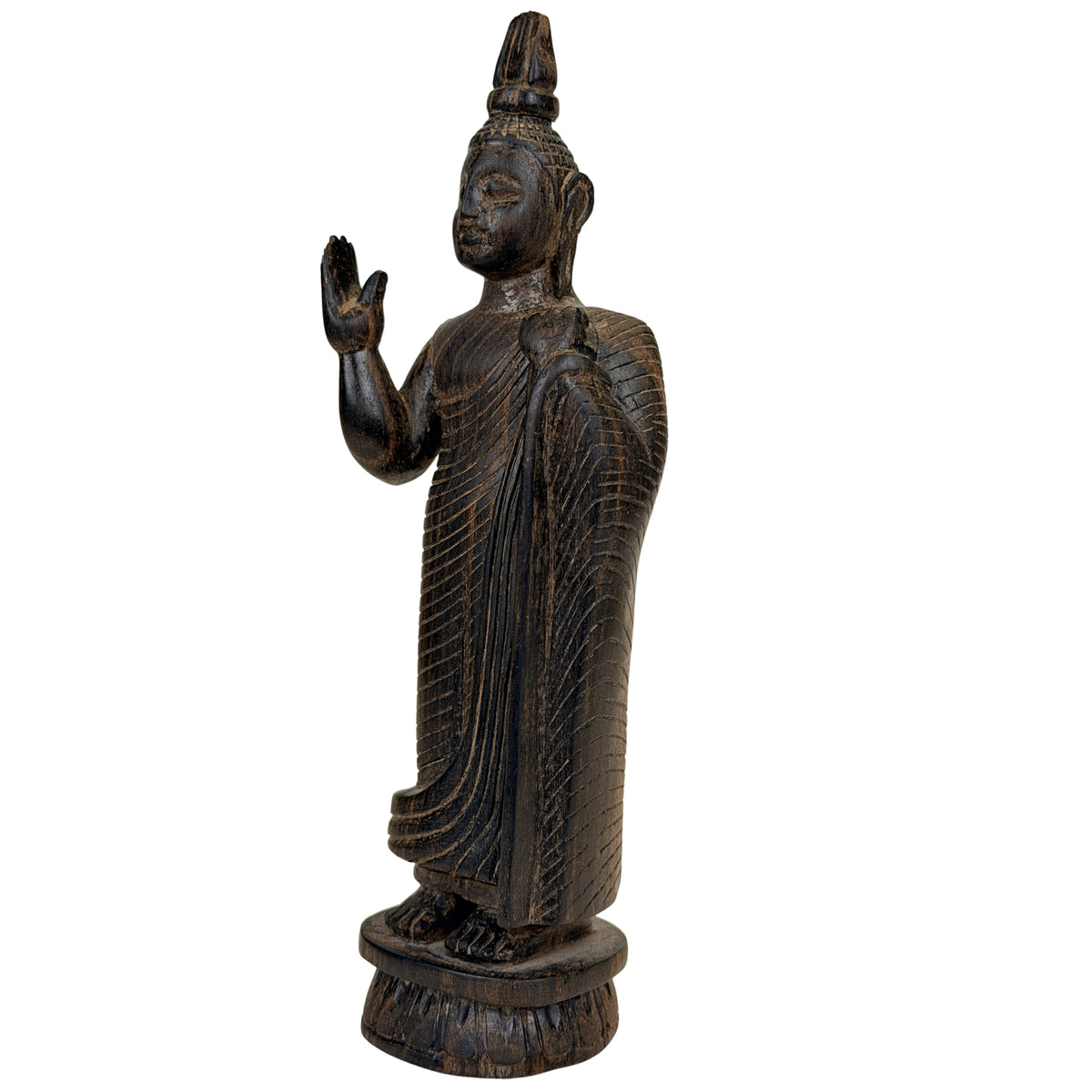 Sri-lankischer Schutzbuddha aus Holz auf niedrigem rundem Lotussockel