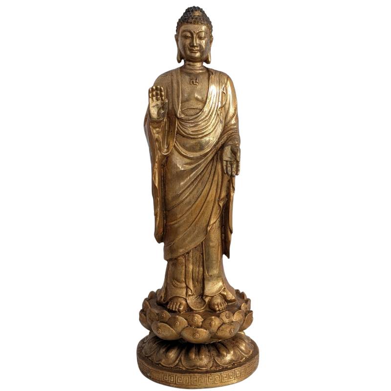 Stehende chinesische Buddha-Statue aus vergoldeter Bronze in Abhaya-Mudra, 19. bis frühes 20. Jahrhundert