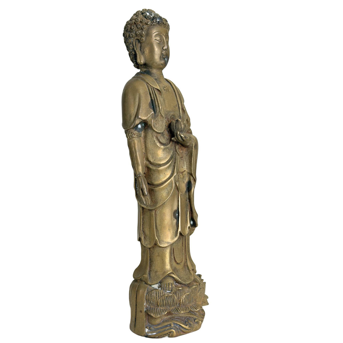 Stehender Amitabha Buddha aus Bronze auf einem Lotusfußgestell, chinesische spirituelle Statue mit alter Patina