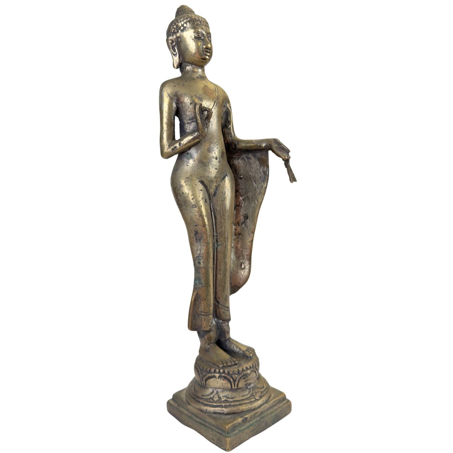 Stehender thailändischer Buddha aus Bronze mit der Handgeste für Furchtlosigkeit.