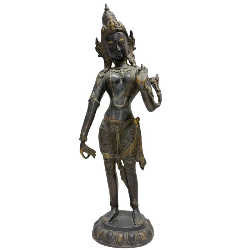 Antike Bronzestatue einer stehenden Tara aus der Himalaya-Region.