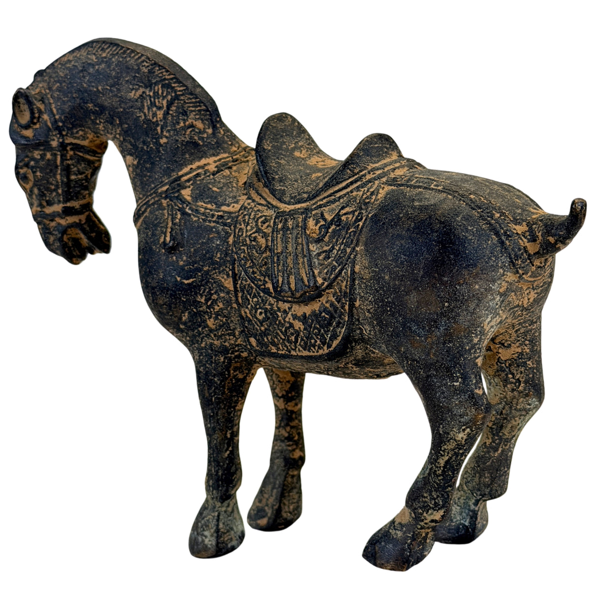 Tang-Stil-Pferd aus Keramik mit gebogenem Hals und archaischer Patina