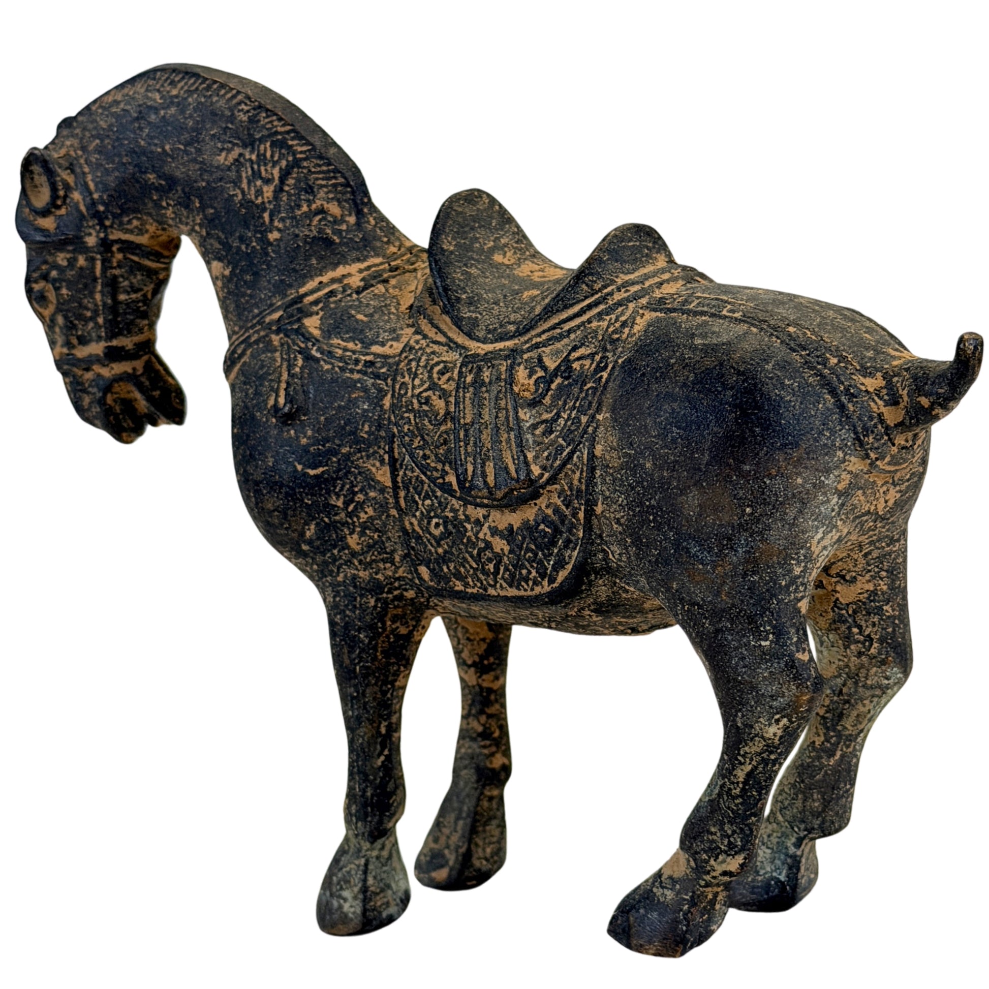 Tang-Stil-Pferd aus Keramik mit gebogenem Hals und archaischer Patina
