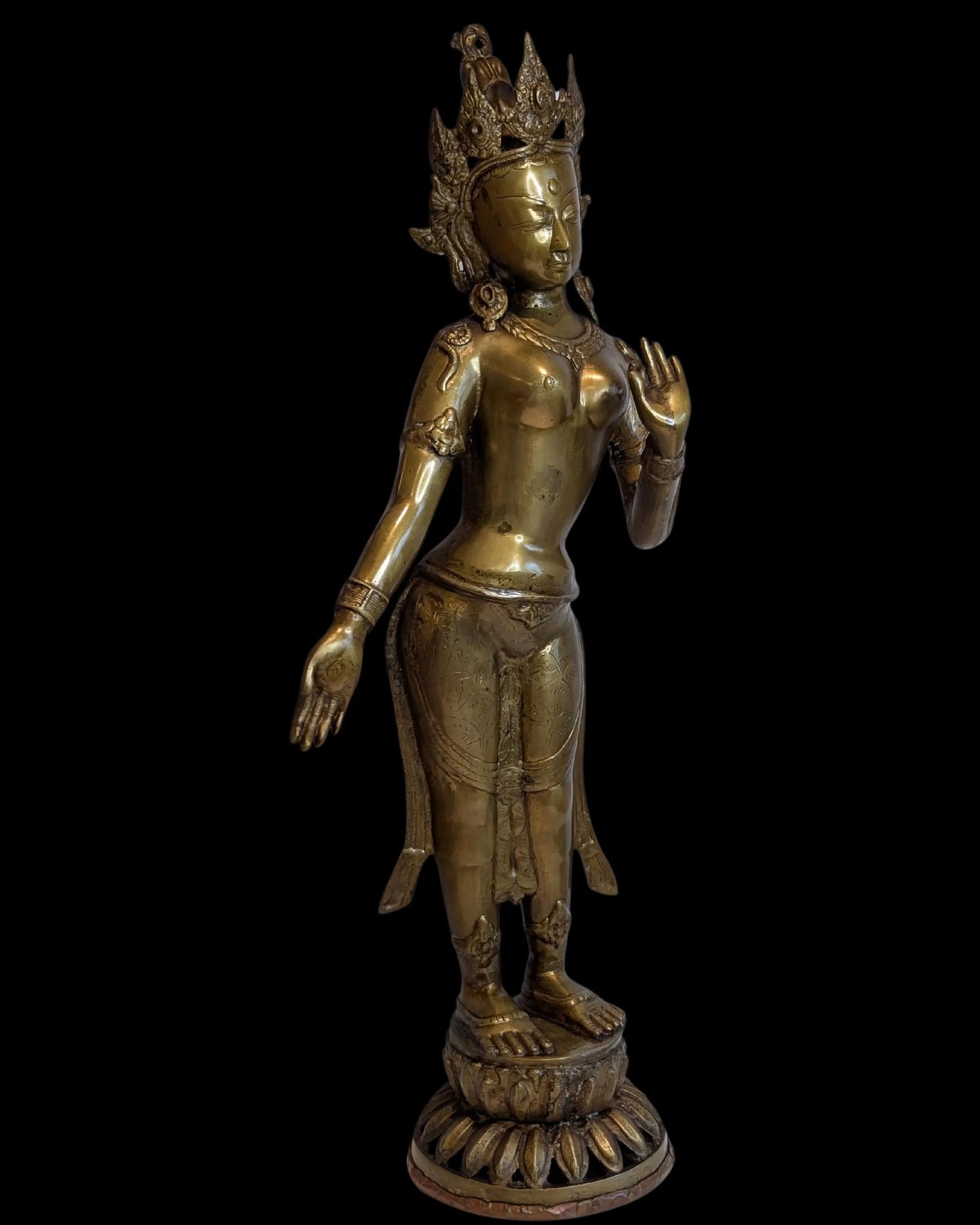 Tara-Statue, Bronze, Seitenansicht, stehend, Himalaya-Stil