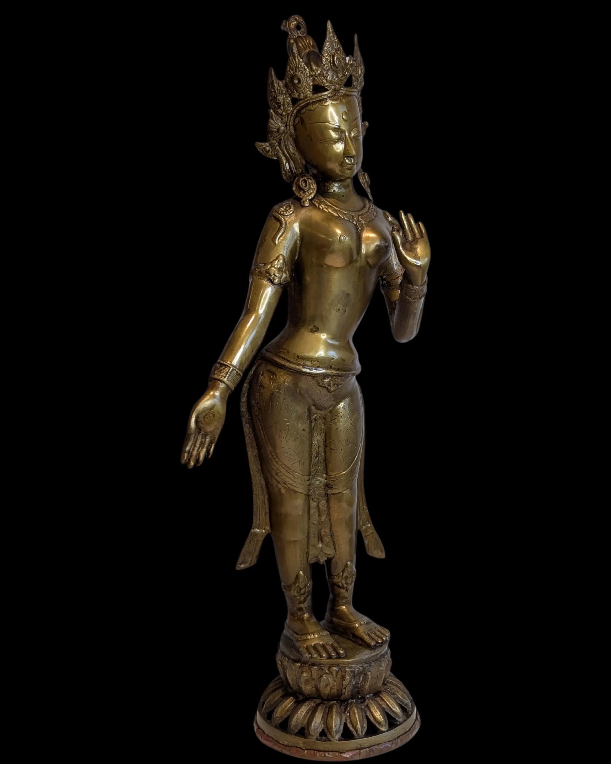 Tara-Statue, Bronze, Seitenansicht, stehend, Himalaya-Stil