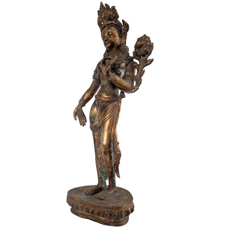 Tara-Statue Nepal Bronze feuervergoldet selten alt mit Utpala Lotus Varada Mudra