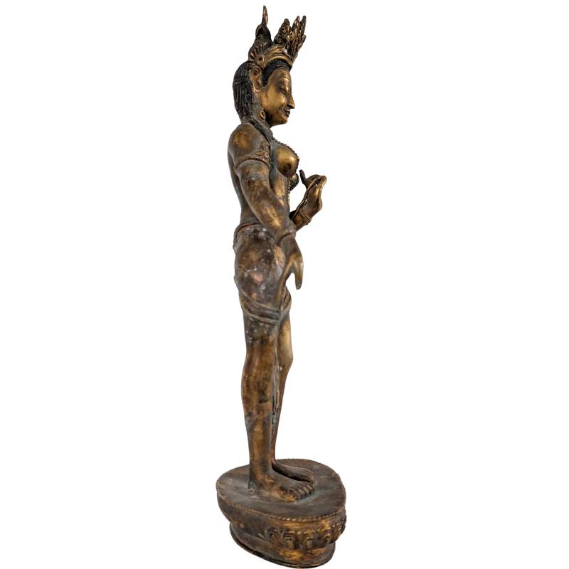 Tara-Statue Nepal Bronzeskulptur feuervergoldet mit Utpala Lotus Varada Mudra alte Patina