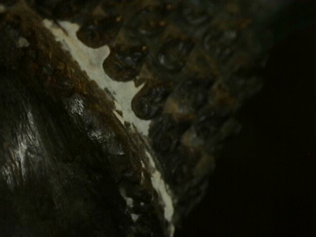 Mikroskopische Detailaufnahme einer Mineralablagerung auf einer antiken thailändischen Bronzestatue