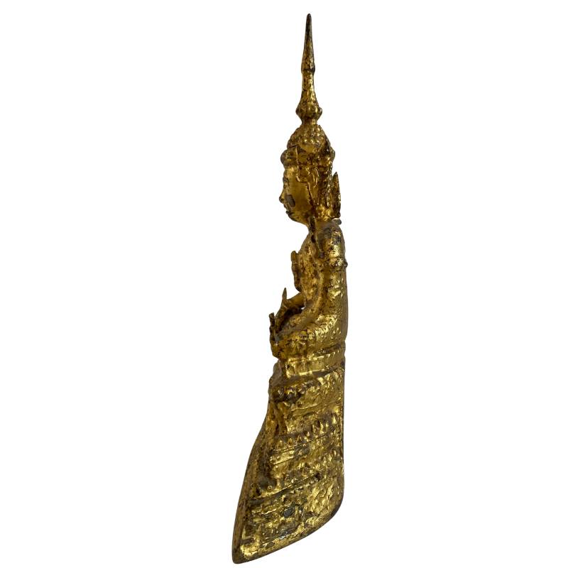 Siamesischer Bronze-Buddha in Bhumisparsha-Mudra mit schlanken Proportionen