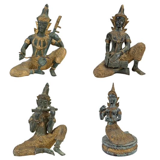Thailand Rattanakosin Set aus 4 Bronzemusikern und Tänzern