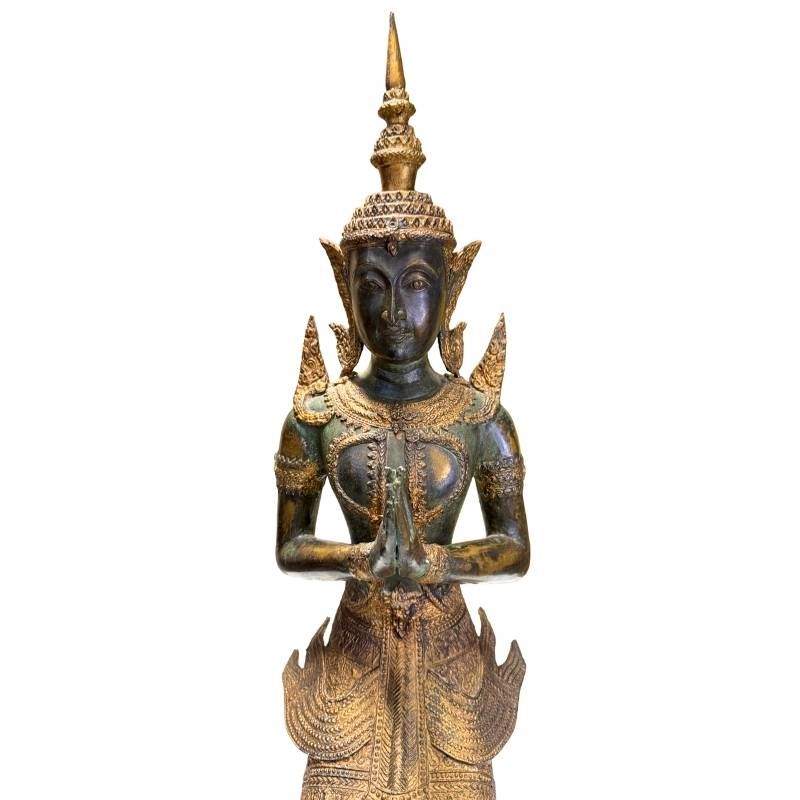 Antikes Paar thailändischer Tempelwächter aus Bronze mit natürlicher Patina