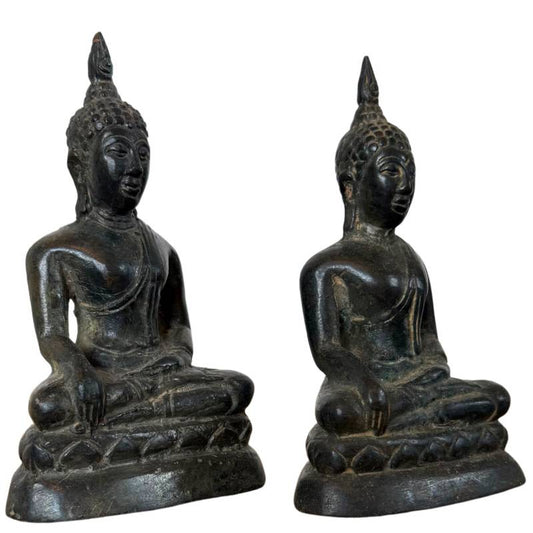 Thailändische Buddha-Statue Bhumisparsha Mudra, Bronze, Paar, 13 cm
