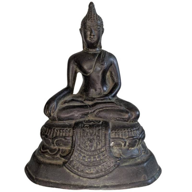 Antike thailändische Buddha-Statue aus Bronze im Sukhothai-Stil, Vorderansicht.