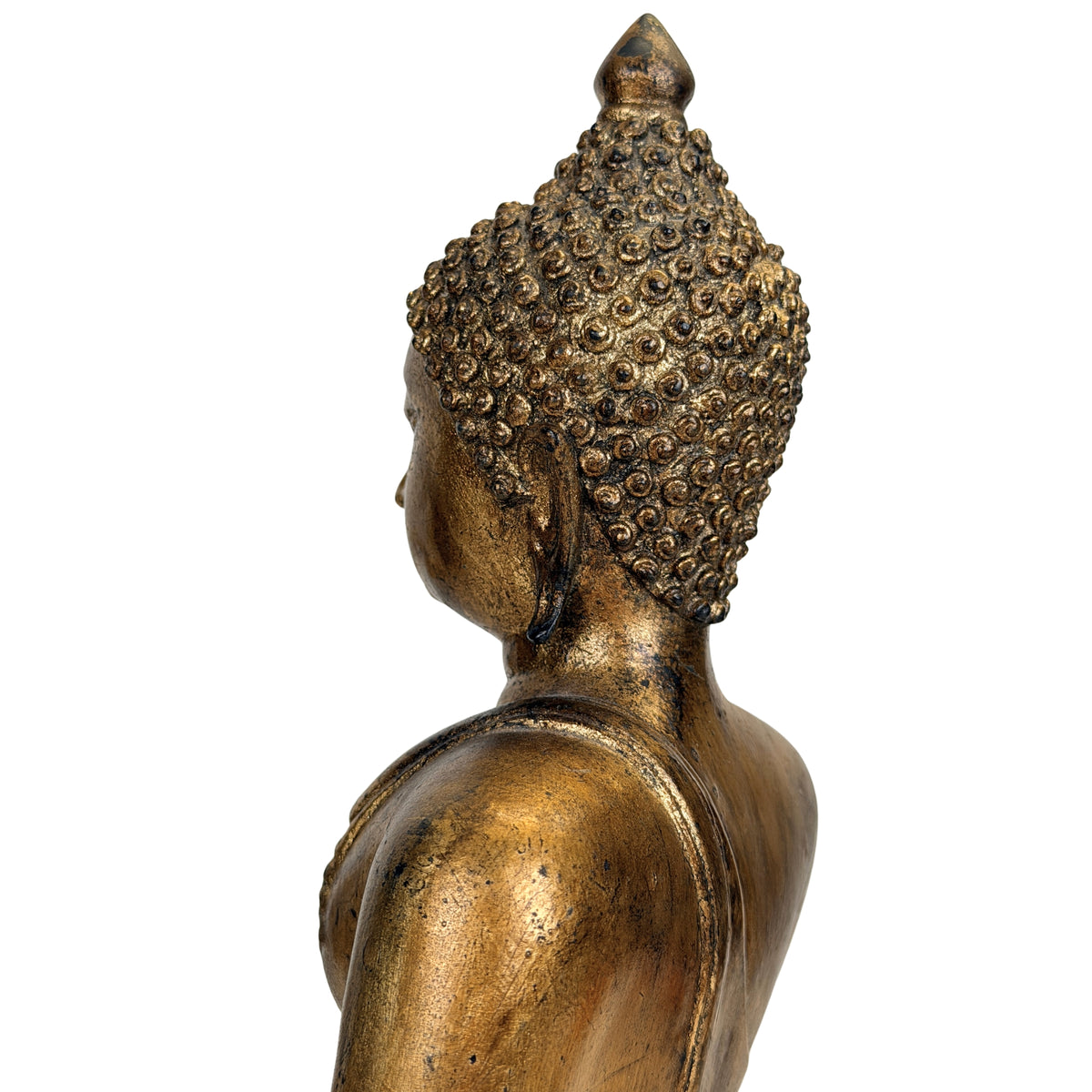 Schräger Blick auf Hinterkopf und Ohr mit ungleichmäßig erhaltenem Gold zwischen den Haarlocken