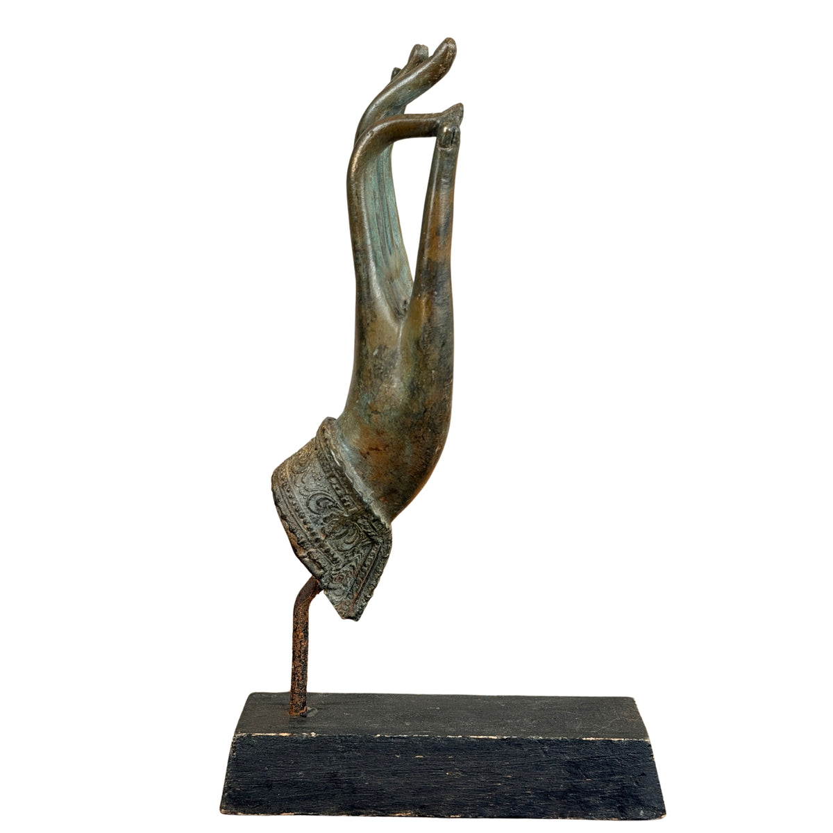 Thai bronze Buddha hand in vitarka, side view with base