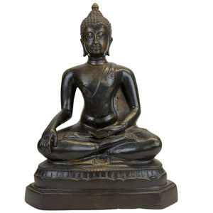 Thailändischer Bronze-Buddha in Bhumisparsha Mudra – Dunkle Patina