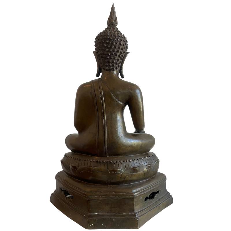 Thailändischer Bronze-Buddha in Bhumisparsha-Mudra mit klassischen Proportionen