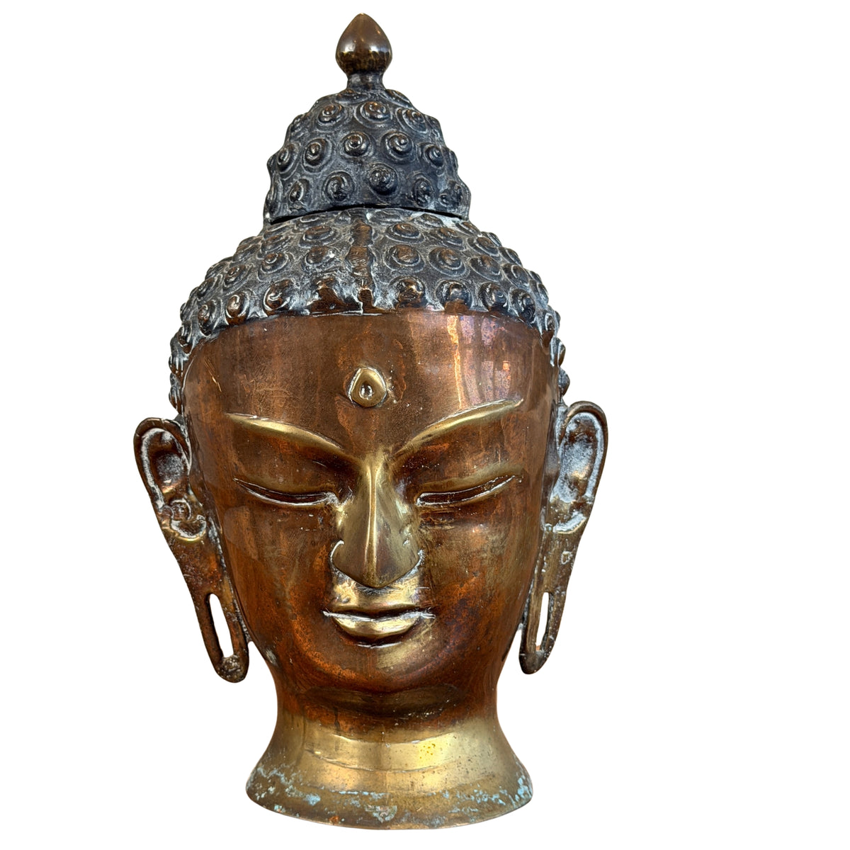 Thailändischer Buddhakopf aus Bronze mit separater Ushnisha-Kappe, Vorderansicht