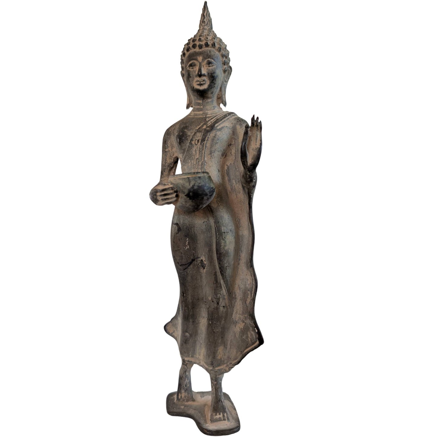 Stehender thailändischer Buddha aus Bronze mit Almosenschale und Abhaya-Mudra des ersten Buddha.