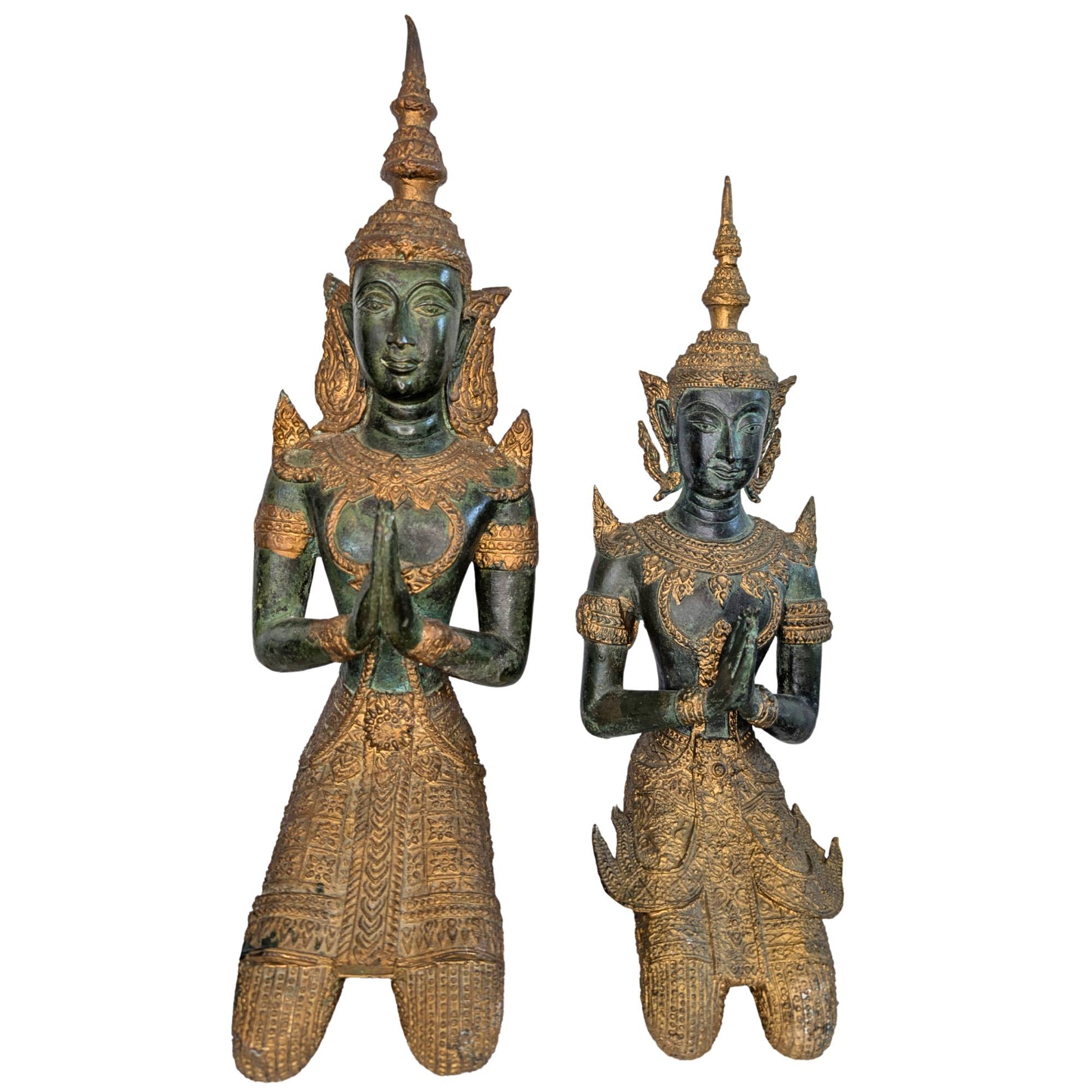 Thailändische Tempelwächter aus Bronze, Thepanom, mit Vergoldung und Patina