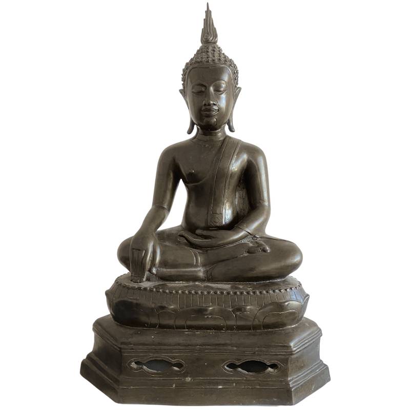 Thailändischer sitzender Buddha aus Bronze in Bhumisparsha-Mudra mit abnehmbarem, flammenförmigem Ushnisha