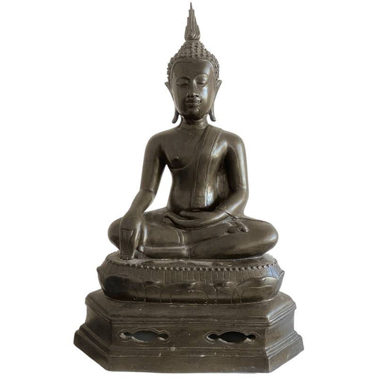Thailändischer sitzender Buddha aus Bronze in Bhumisparsha-Mudra mit abnehmbarem, flammenförmigem Ushnisha