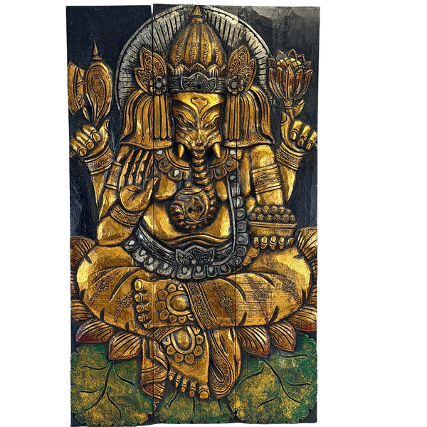 Vintage Thai Ganesha-Triptychon aus Holz – ca. 1980–2000