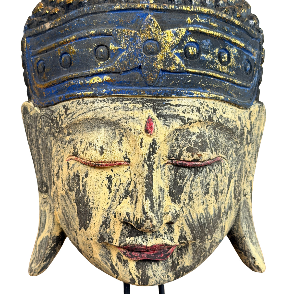 Face with closed eyes, red lips and red dot, detail