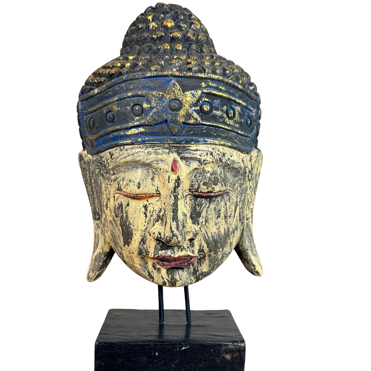 Thai wooden Buddha head with blue band and gold in the curls, on a modern stand, front view