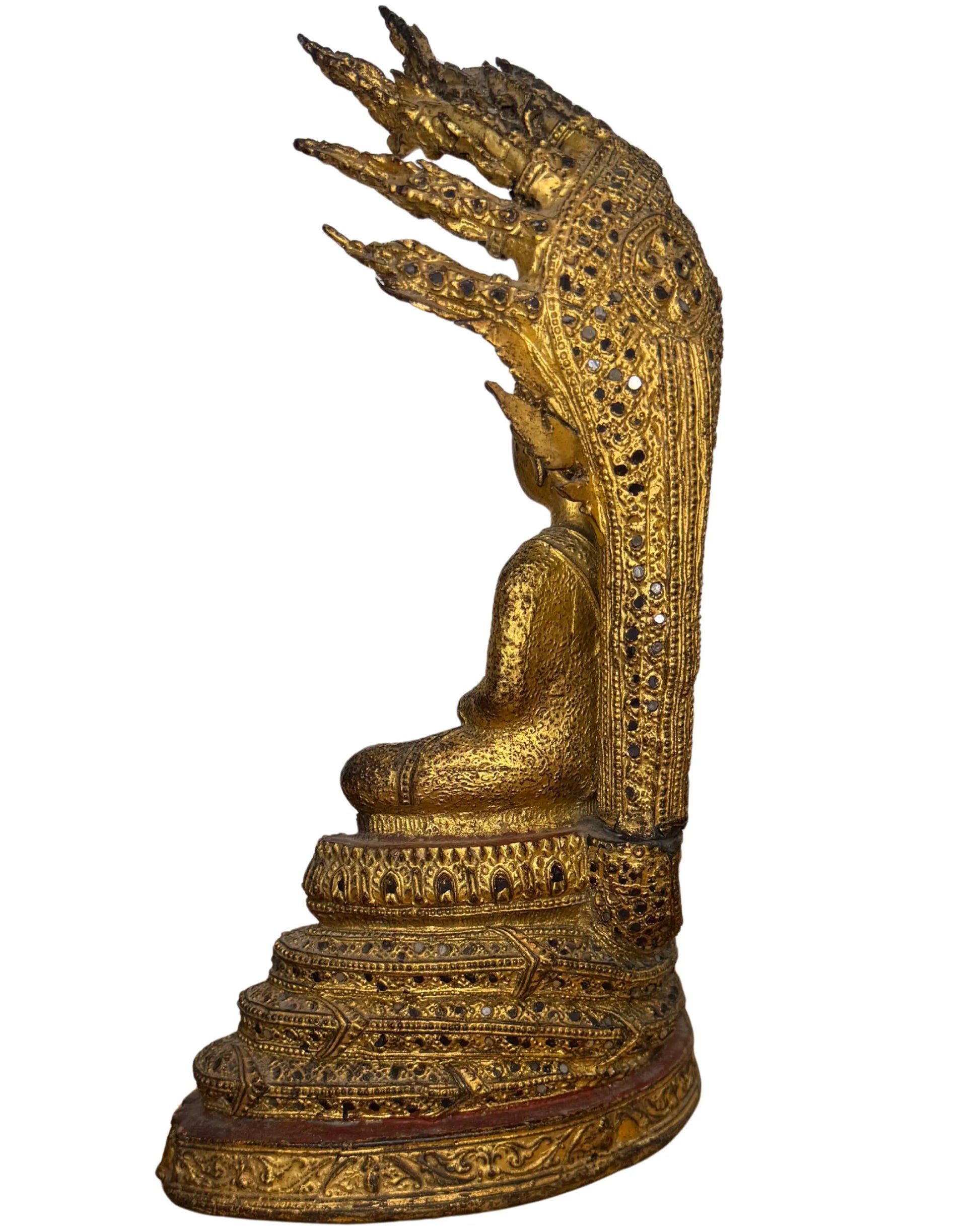 Thailändische Naga-Buddha-Tempelstatue, vergoldete Bronze, Rattanakosin