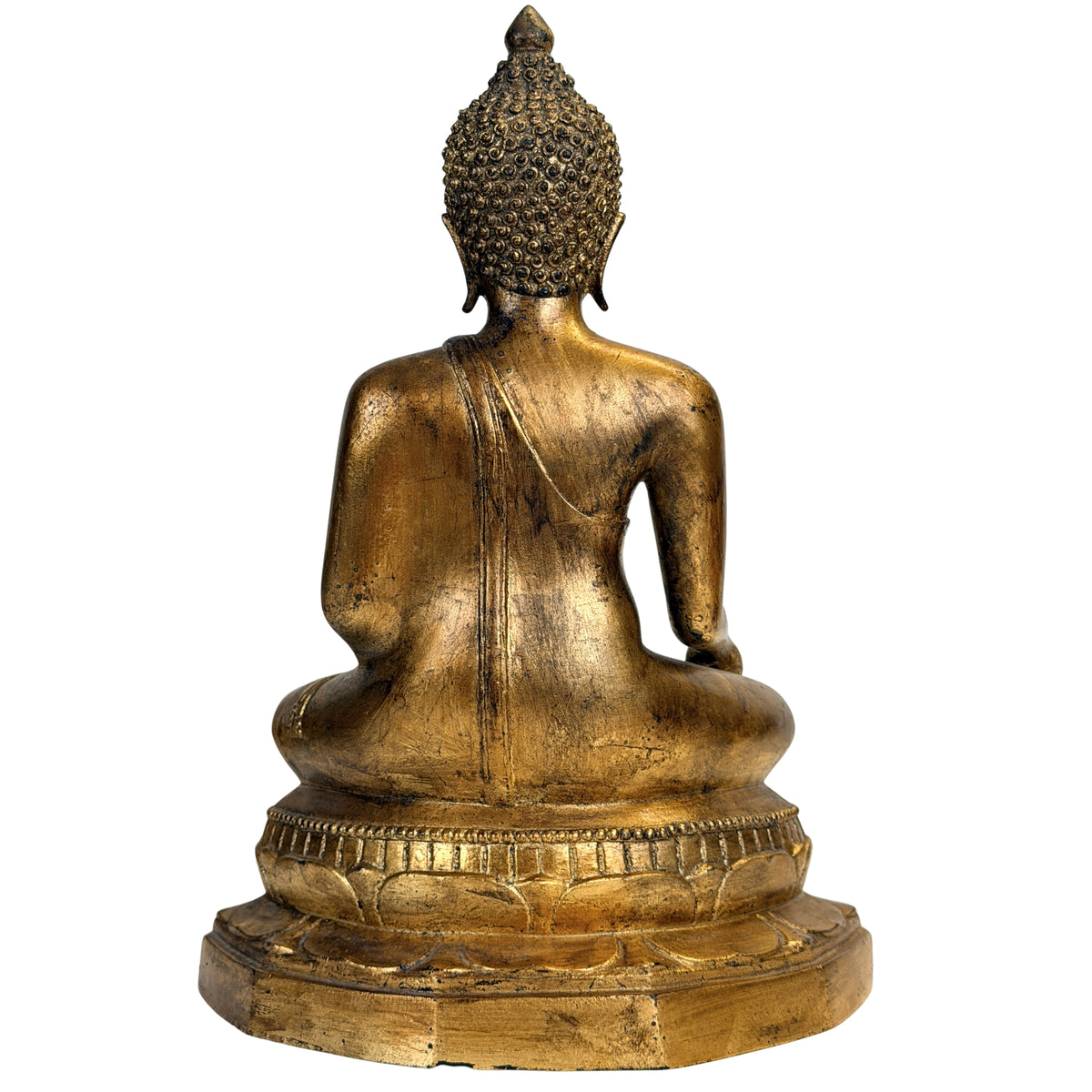 Rückenansicht der thailändischen Buddha-Bronze mit schmaler Gewandkante und breiter Lotusplattform