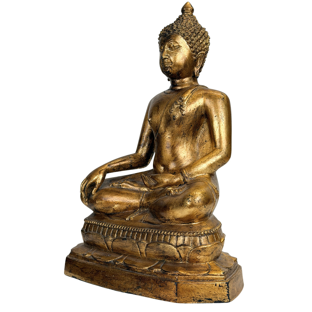 Dreiviertelansicht der schweren thailändischen Bronze mit schlanker Figur und gealterter Goldoberfläche