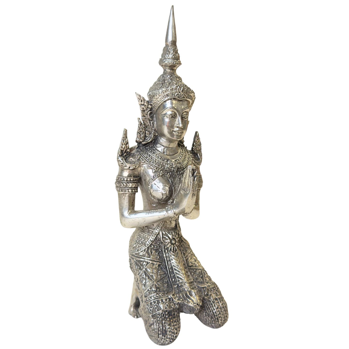 Set aus zwei thailändischen Tempelengeln mit silberplattierter Antik-Optik.