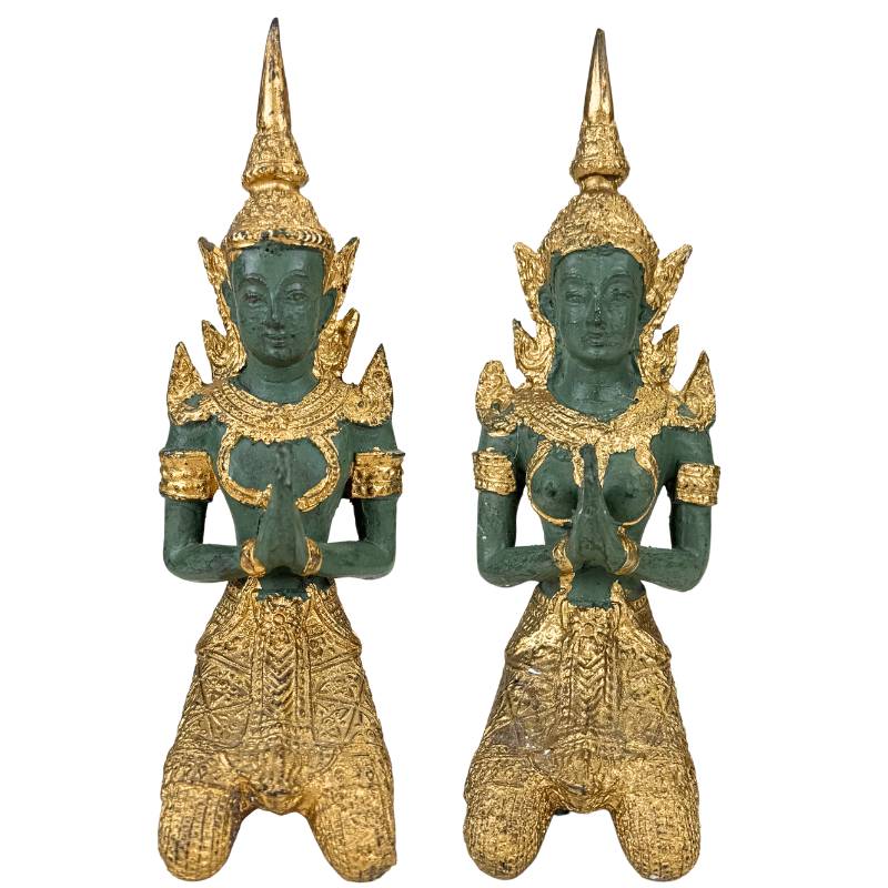 Thailändische Thepanom-Figuren, Set mit goldpatinaiertem, kniendem Paar, dekorativ