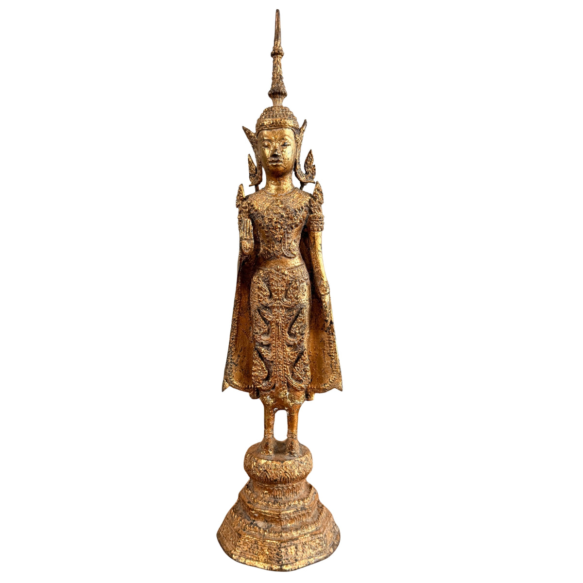Thailändischer vergoldeter Bronze-Buddha, stehend, Rattanakosin, um 1880–1930, Vorderansicht