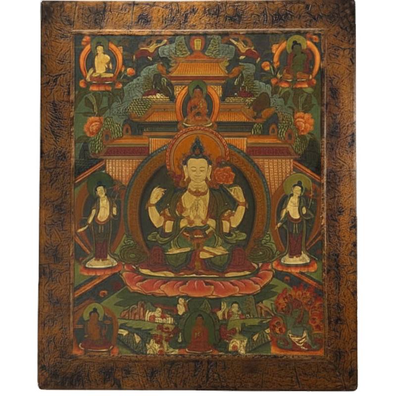 Antike Thangka mit Avalokiteshvara auf Holztafel, tibetische Malerei