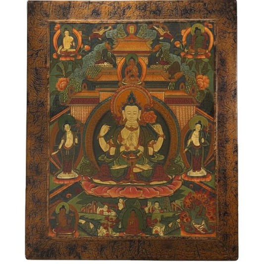 Antike Thangka mit Avalokiteshvara auf Holztafel, tibetische Malerei