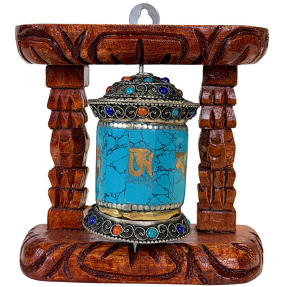 Tibetaans gebedswiel in houten frame met turquoise inleg