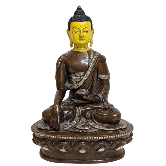 Tibetischer Medizinbuddha Bhaisajyaguru in Dhyana Mudra, bronzene Tempelstatue mit bemaltem Gesicht
