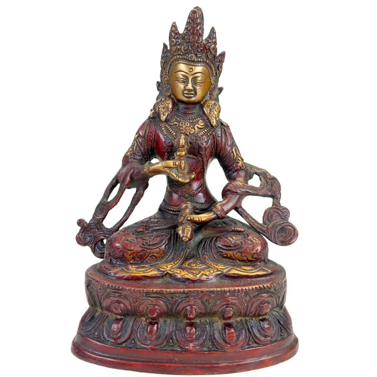 Tibetisches Vajrasattva-Bild aus Bronze mit rotbrauner Patina, vergoldeten Akzenten und Lotusbasis