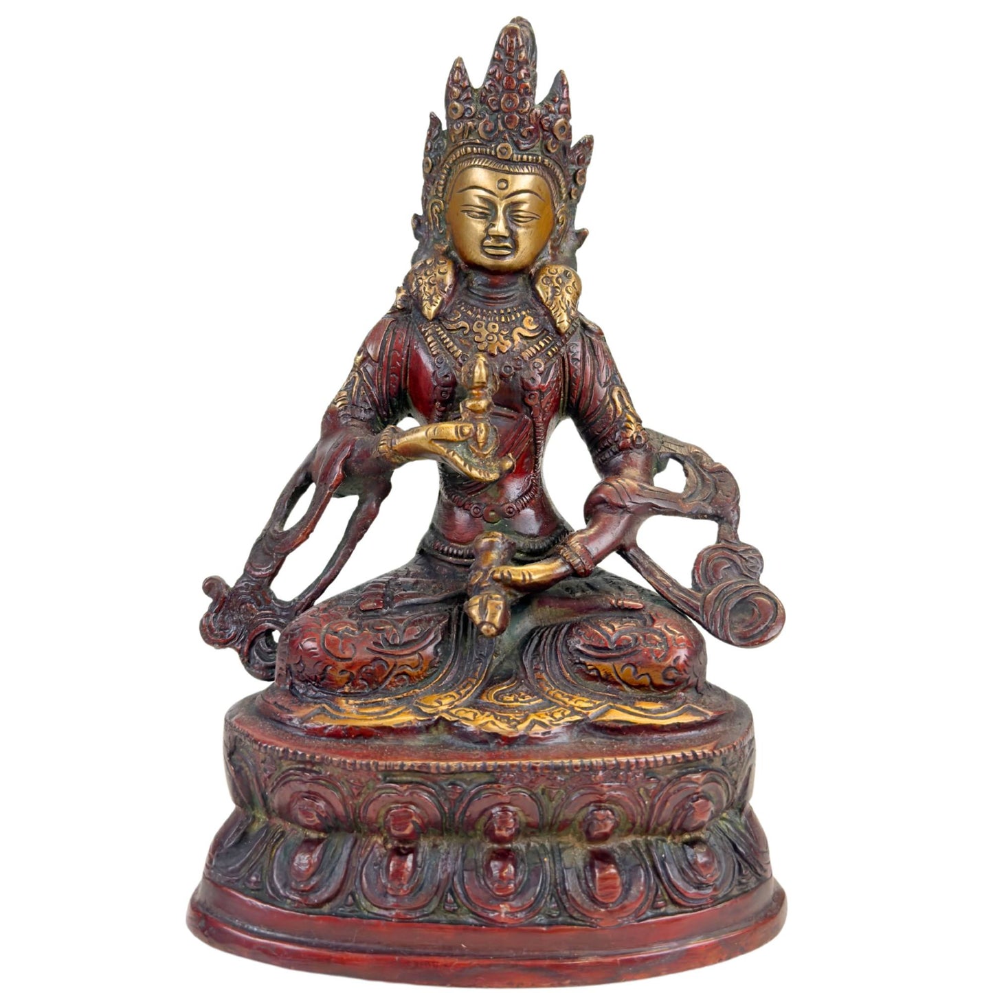 Tibetische Vajrasattva-Statue aus Bronze mit rötlich-brauner Patina, vergoldeten Akzenten und Lotussockel