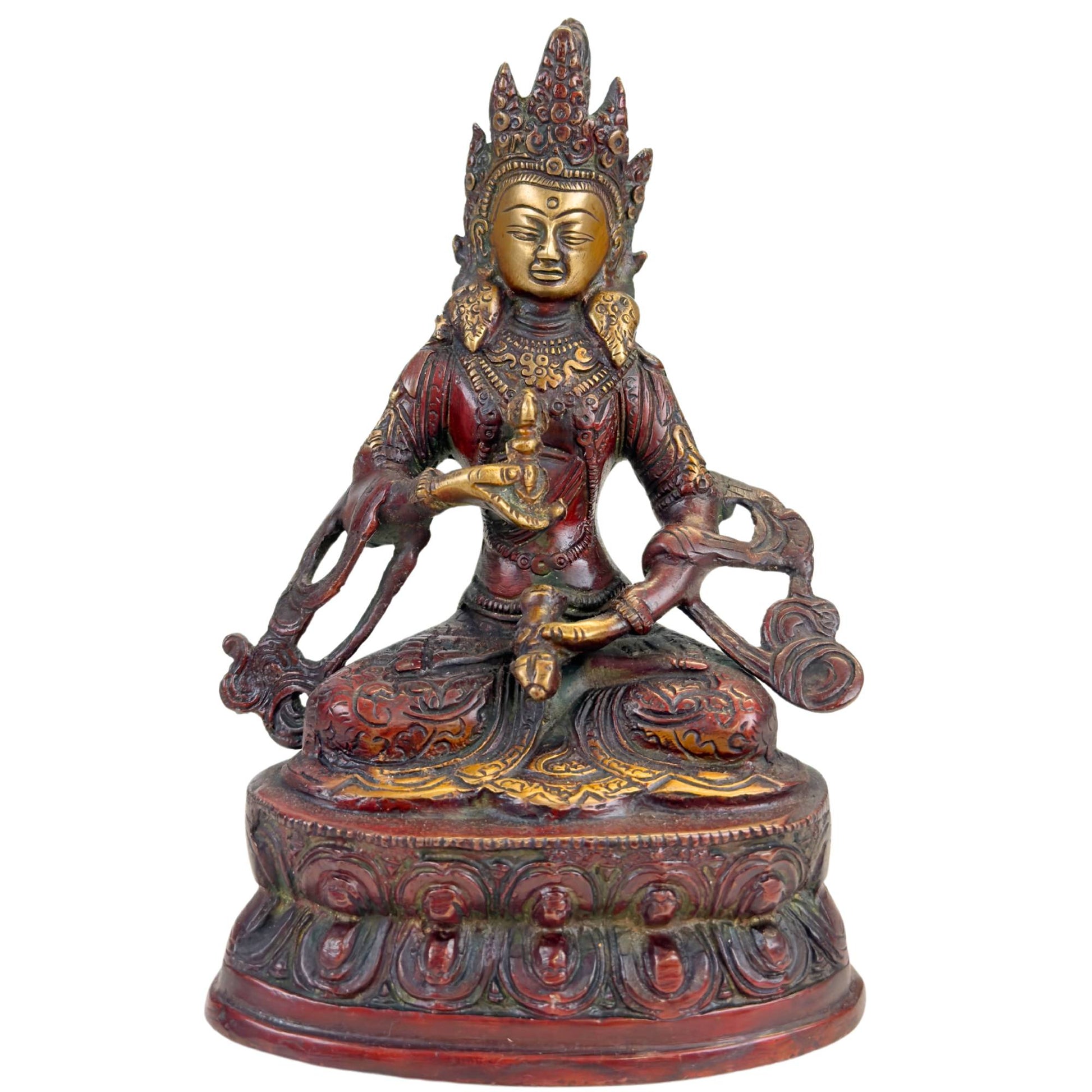 Tibetische Vajrasattva-Statue aus Bronze mit rötlich-brauner Patina, vergoldeten Akzenten und Lotussockel