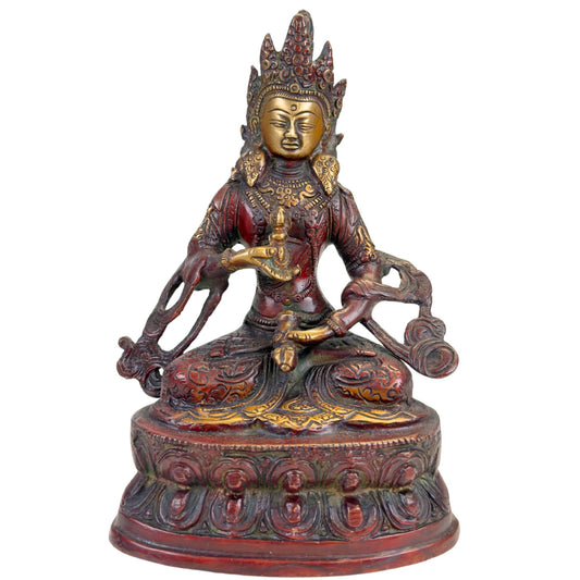 Tibetische Vajrasattva-Statue aus Bronze mit rötlich-brauner Patina, vergoldeten Akzenten und Lotussockel