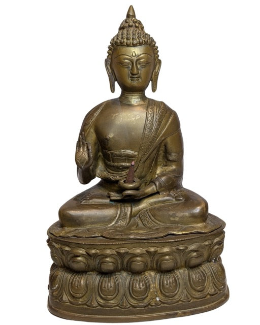 Tibetische, feuervergoldete Buddha-Statue aus Bronze
