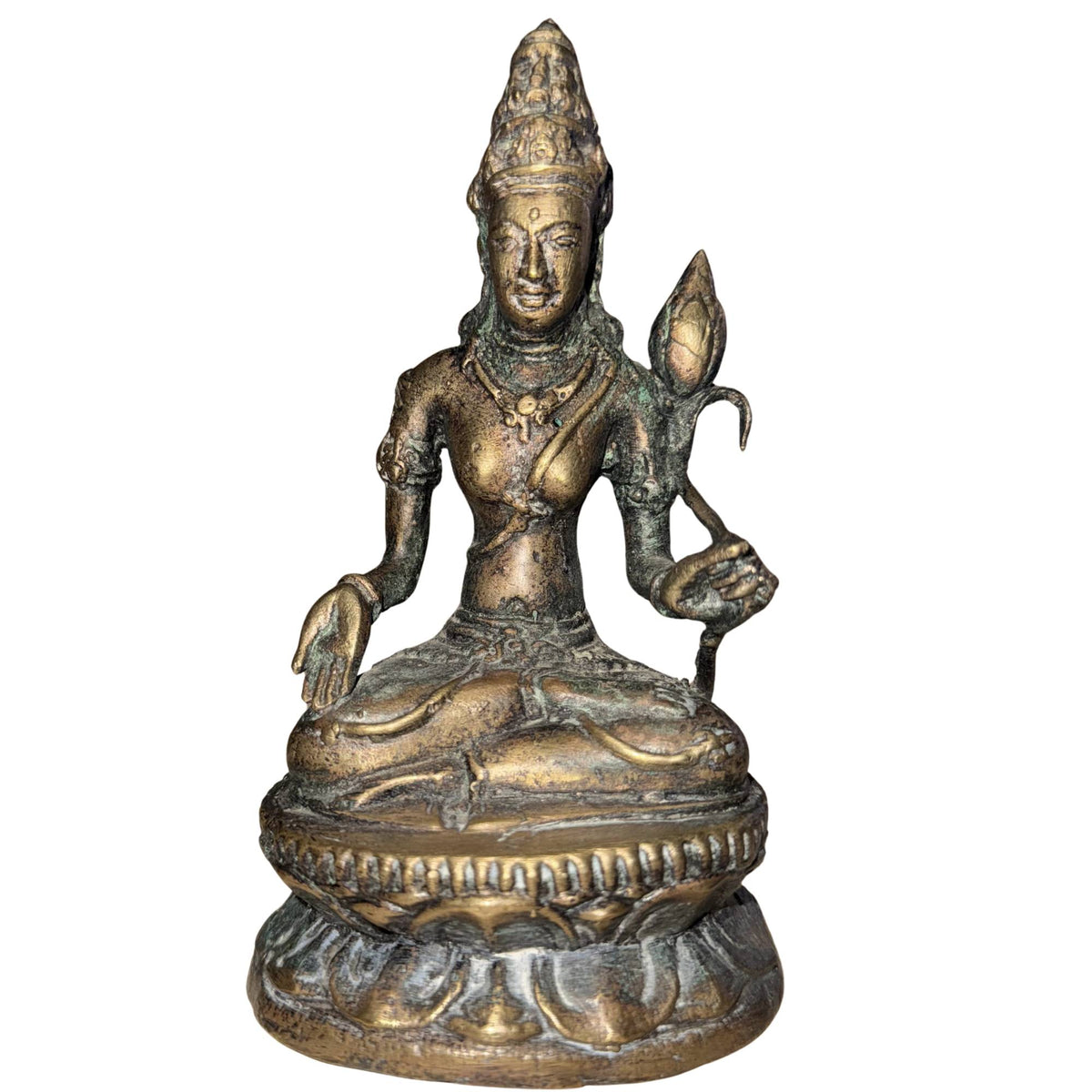 Tibetischer Avalokiteshvara aus Bronze auf Lotusbasis mit alter Oxidation und ritueller Ausstrahlung