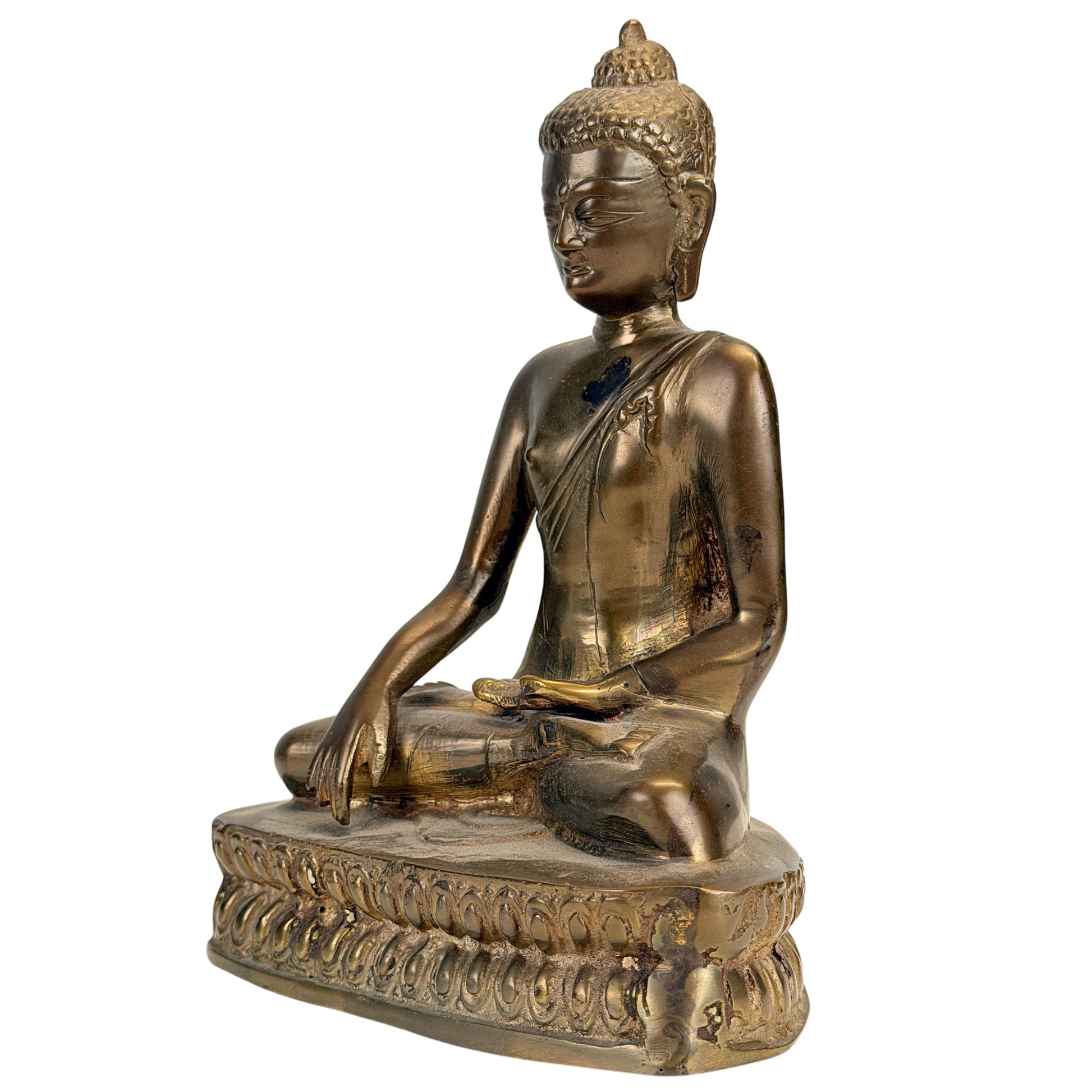 Schrägansicht einer antiken tibetischen bronzen Buddha aus dem 19. Jahrhundert