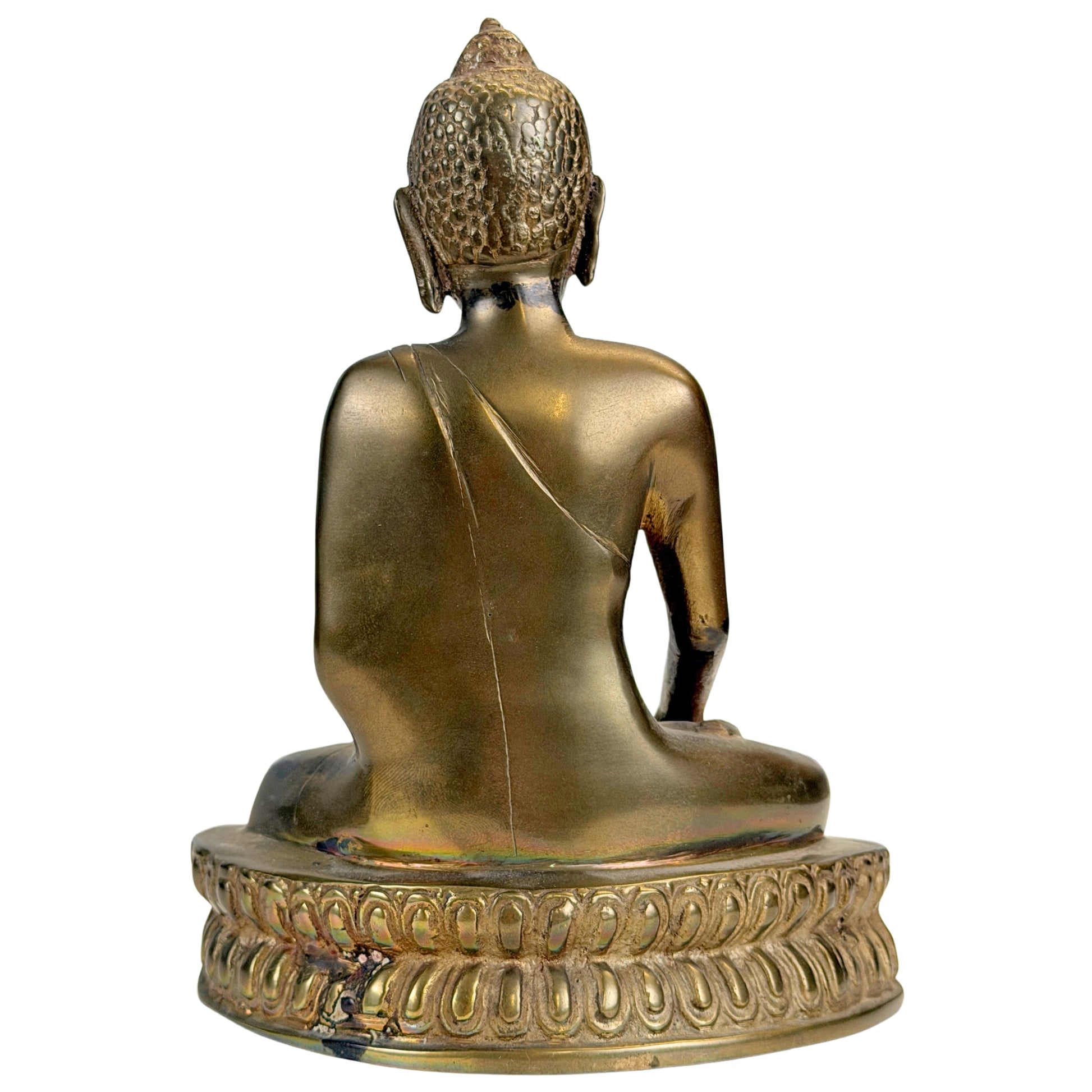 Detail der alten Vergoldung auf tibetischem bronzenen Buddha